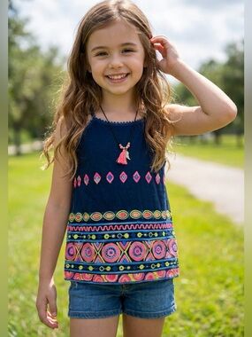 Beautees Girls Racerback Tank Top Embroidered With Necklace Charm M